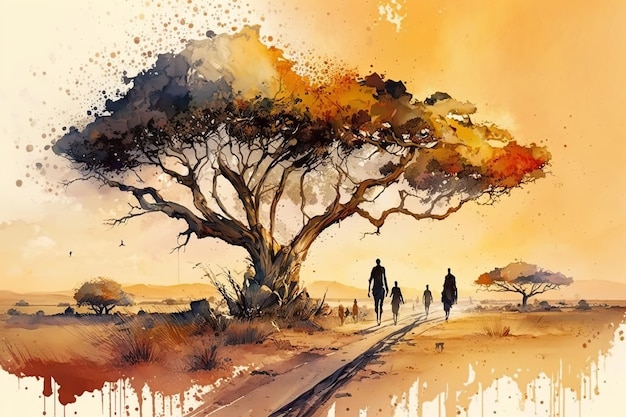 Afrika aquarel abstracte illustratie Silhouetten van mens en natuur Generatieve ai