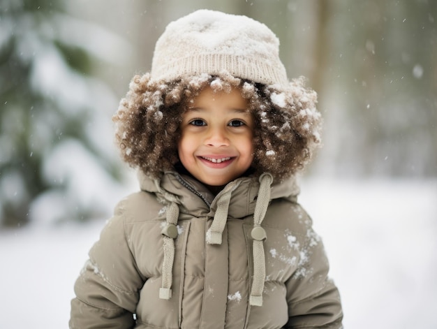 Afrikaans-Amerikaans kind geniet van de winter sneeuwdag in speelse emotionele dynamische pose