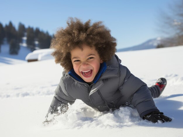 Afrikaans-Amerikaans kind geniet van de winter sneeuwdag in speelse emotionele dynamische pose