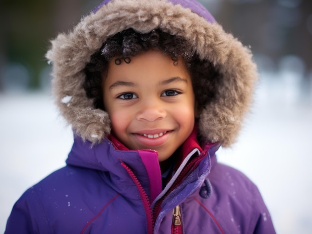 Afrikaans-Amerikaans kind geniet van de winter sneeuwdag in speelse emotionele dynamische pose