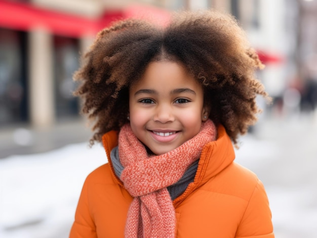 Afrikaans-Amerikaans kind geniet van de winter sneeuwdag in speelse emotionele dynamische pose