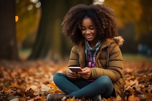 Afrikaans Amerikaans meisje, zittend op de grond in gevallen herfst esdoornbladeren, kijkend in een mobiele telefoon