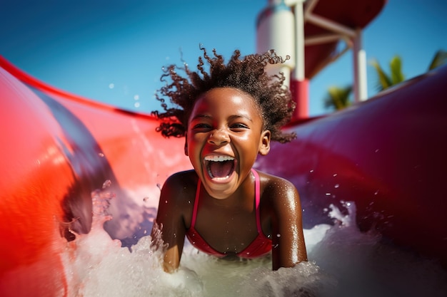 Afrikaans-Amerikaanse jongen die plezier heeft met lachen glijdt naar beneden op rode waterglijbaan in aquapark zomervakantie en vakantie