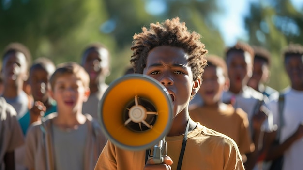 Afrikaans-Amerikaanse jongen schreeuwt in een megafoon luidspreker meer zwarte kinderen achter hem