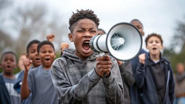 Afrikaans-Amerikaanse jongen schreeuwt in een megafoon luidspreker meer zwarte kinderen achter hem