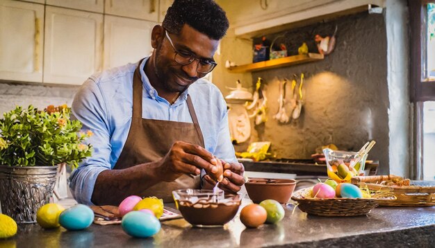 Afrikaans-Amerikaanse man die paaseieren in de keuken thuis versiert