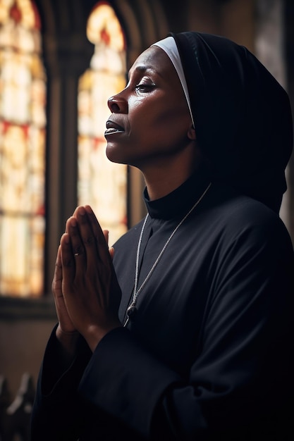 Afrikaans-Amerikaanse non van middelbare leeftijd die bidt.