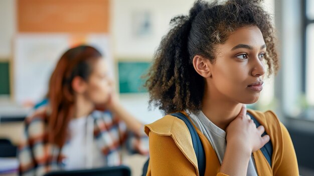 Afrikaans-Amerikaanse schoolmeisje met rugzak die wegkijkt in de klas en persoon maakte een ontevreden