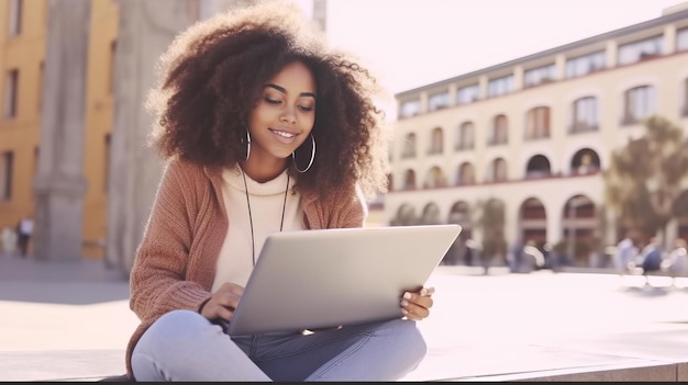 Foto afrikaans-amerikaanse student meisje maakt verslag met laptop zit bij het schoolgebouw