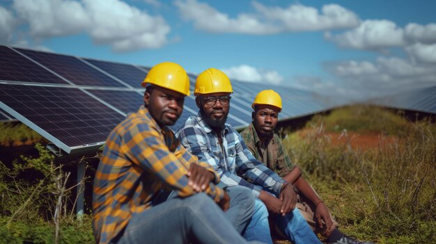 Foto afrikaans-amerikaanse technici rusten bij zonnepanelen