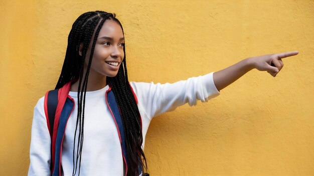 Afrikaans-Amerikaanse tiener student meisje met lang gevlochten haar over gele muur wijzende vinger naar t