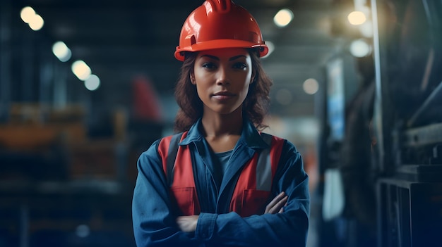 Afrikaans-Amerikaanse vrouw in oranje harde hoed poseert met haar armen gekruist in een industrieel magazijn