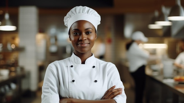 Afrikaans-Amerikaanse zwarte vrouw als chef-kok die in de keuken staat met een glimlach.