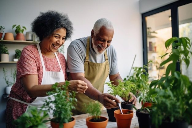 Afrikaans getrouwd oudere volwassen stel dat kruiden plant in de woonkamer