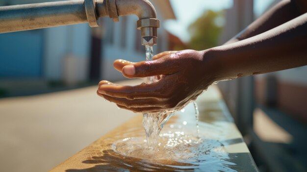 Afrikaans kind strekt zijn handen uit naar een kraan met schoon water