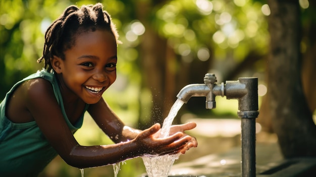 Afrikaans kind strekt zijn handen uit naar een kraan met schoon water