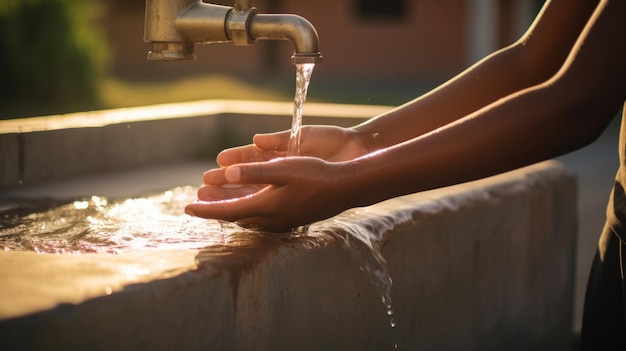 Afrikaans kind strekt zijn handen uit naar een kraan met schoon water