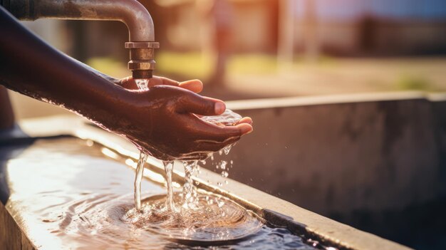 Afrikaans kind strekt zijn handen uit naar een kraan met schoon water