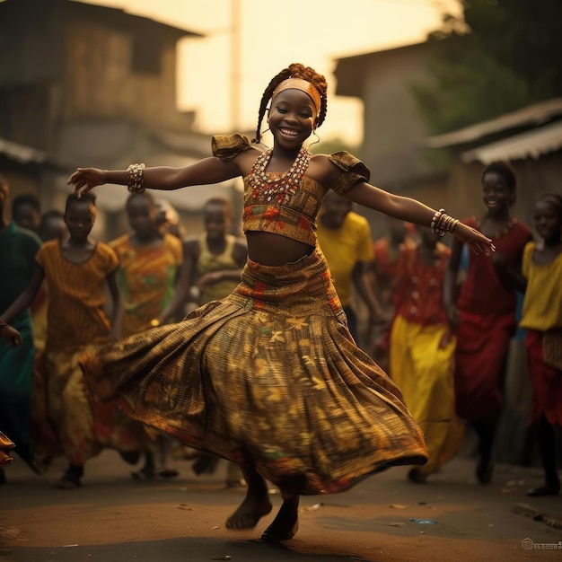 Afrikaans meisje dat dansen nationale dans in Afrikaanse kleren