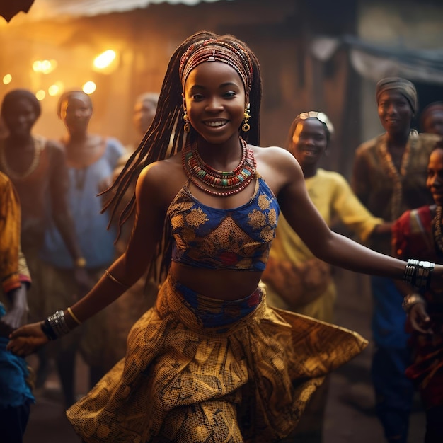 Afrikaans meisje dat dansen nationale dans in Afrikaanse kleren