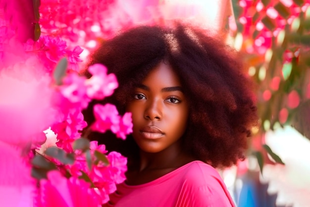 Afrikaans meisje met krullend roze haar op de achtergrond van bougainvillea Ai generatief