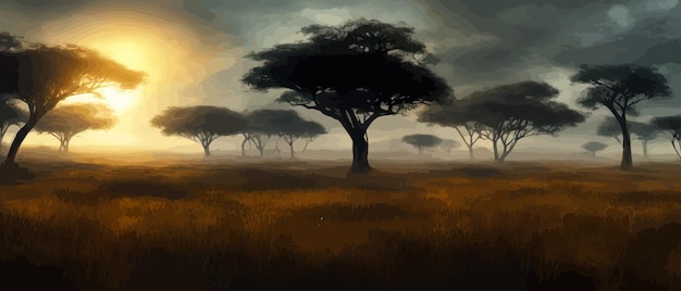 Afrikaanse acacia rij tegen schemering hemel Vector illustratie banner landschap Silhouet van packs in de hoogbouw