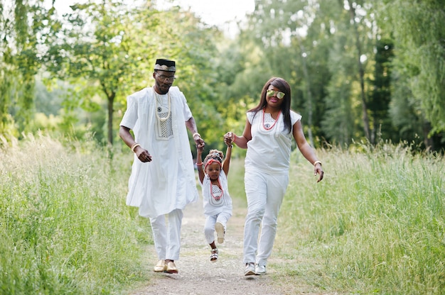 Afrikaanse Amerikaanse familie bij witte Nigeriaanse nationale kleding die pret hebben openlucht