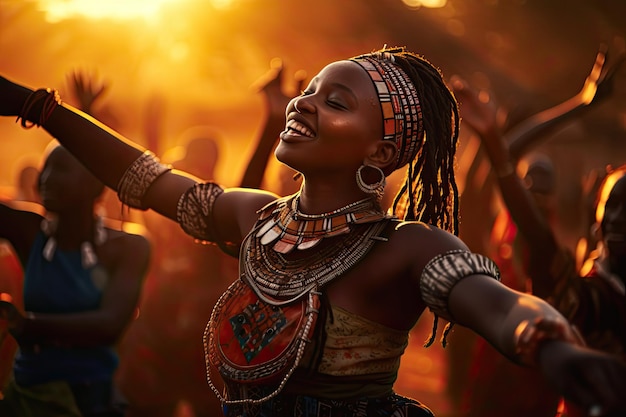 Afrikaanse cultuur en tradities gericht op een stamdansceremonie bij zonsondergang levendige traditionele kleding ritmische bewegingen en het spel van schaduwen en licht creëren een krachtig visueel verhaal