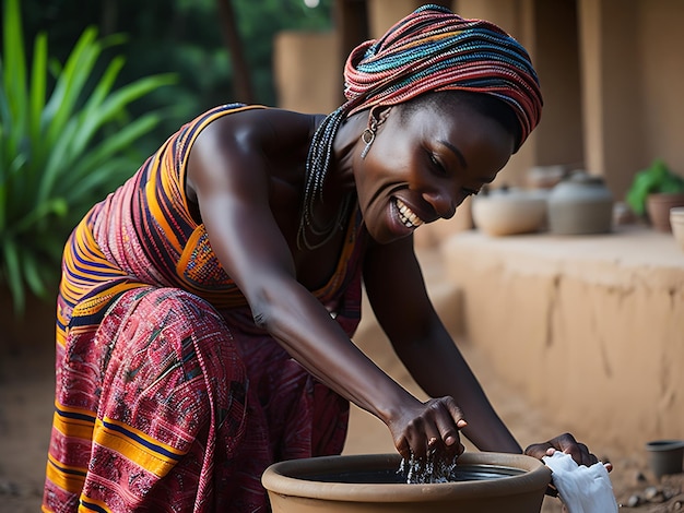 Afrikaanse dame die een kan water op haar hoofd draagt met een ontvanger die wacht op ontvangst