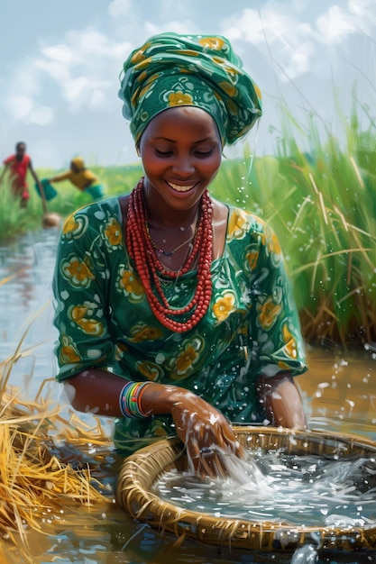 Foto afrikaanse dame in groene traditionele kleding met rode kralen om de nek en wassende kleren bij de rivier