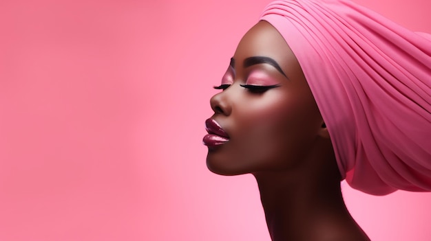 Afrikaanse dame met roze lip make-up en hoofddoek op roze achtergrond Generatieve AI