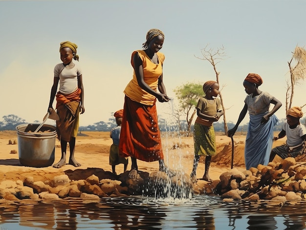 Afrikaanse familie komt water halen bij het bronconcept gebrek aan water