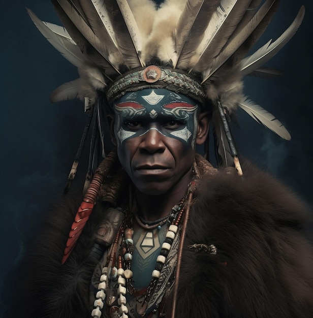 Afrikaanse inheemse man met inheemse tribale verf op zijn gezicht met veren