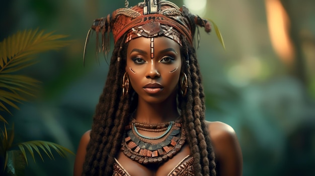 Afrikaanse jonge mooie jonge vrouw met geschilderd gezicht dichtbij in het bos