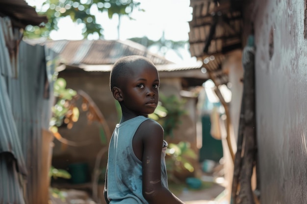 Foto afrikaanse jongen in de sloppenwijken dag voor de bescherming van kinderen