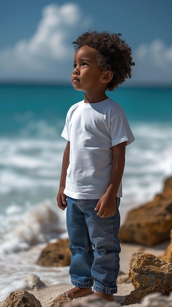 Foto afrikaanse jongen in t-shirt en spijkerbroek op de achtergrond van het zandstrand van de zee