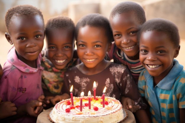 Afrikaanse kinderen houden een verjaardagstaart vast om gelukkige verjaardag te vieren