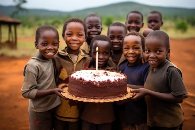 Afrikaanse kinderen houden een verjaardagstaart vast om gelukkige verjaardag te vieren