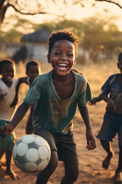 Afrikaanse kinderen in arme sloppenwijken genieten van het kloppen van de bal op het voetbalveld in het sloppenwijkdorp