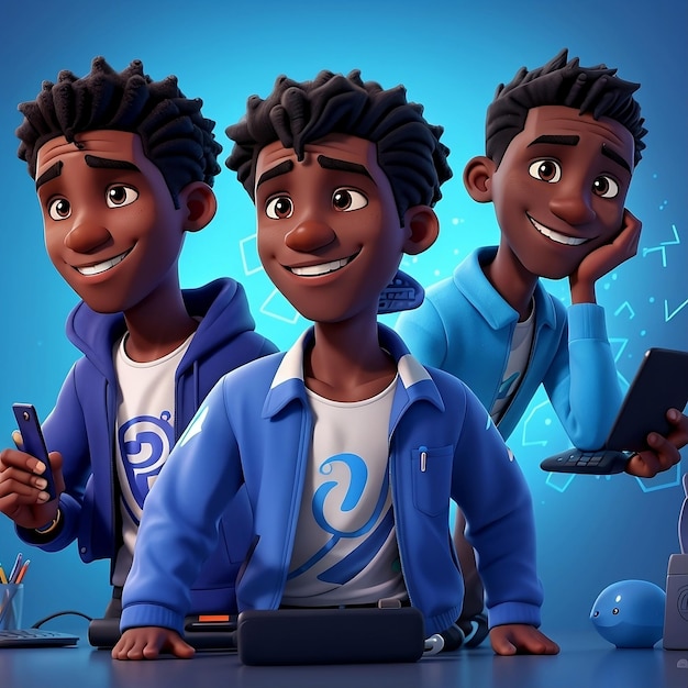 Afrikaanse kinderen met een technisch apparaat met een smartphone met een glimlach op een blauwe achtergrond