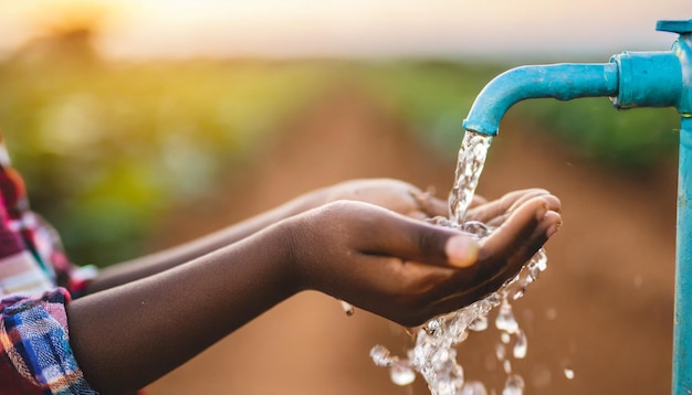 Afrikaanse kinderen met handen bij een kraan met schoon water die de toegang tot essentiële hulpbronnen en de hoop symboliseert.