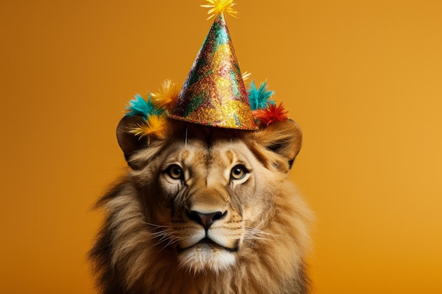 Afrikaanse leeuw in een feestelijke feesthoed voor oud en nieuw geïsoleerd op een achtergrond met kleurovergang