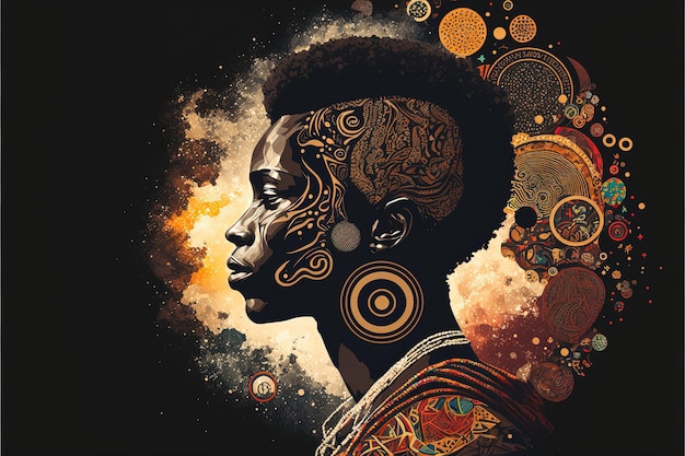 Afrikaanse man illustratie in profiel, Afrikaanse kleuren, Black History Month. Generatieve AI