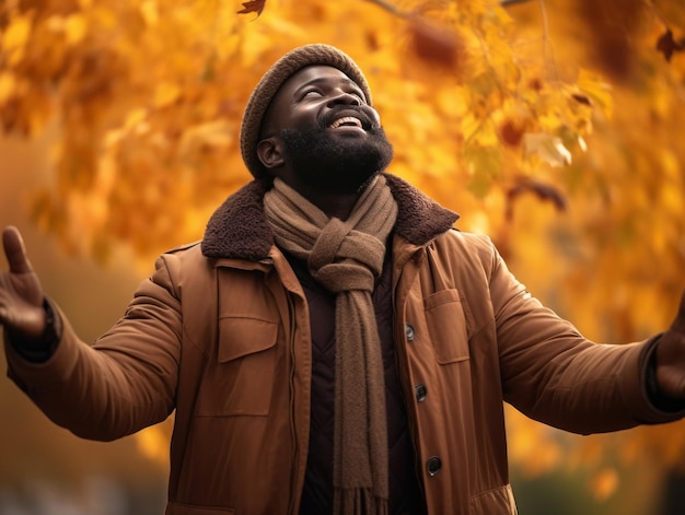 Afrikaanse man in emotionele dynamische pose op herfstachtergrond