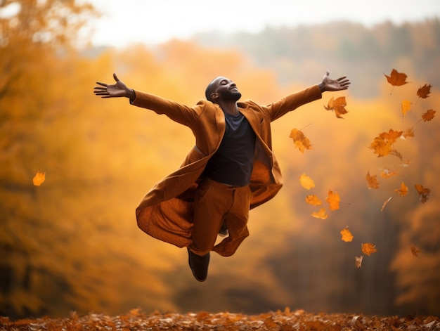 Afrikaanse man in emotionele dynamische pose op herfstachtergrond