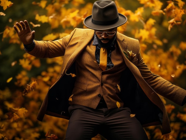 Afrikaanse man in emotionele dynamische pose op herfstachtergrond