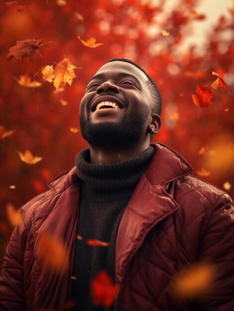 Afrikaanse man in emotionele dynamische pose op herfstachtergrond