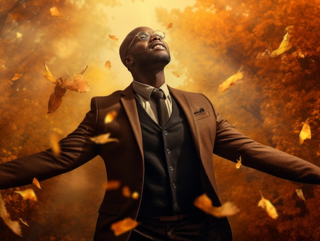 Afrikaanse man in emotionele dynamische pose op herfstachtergrond