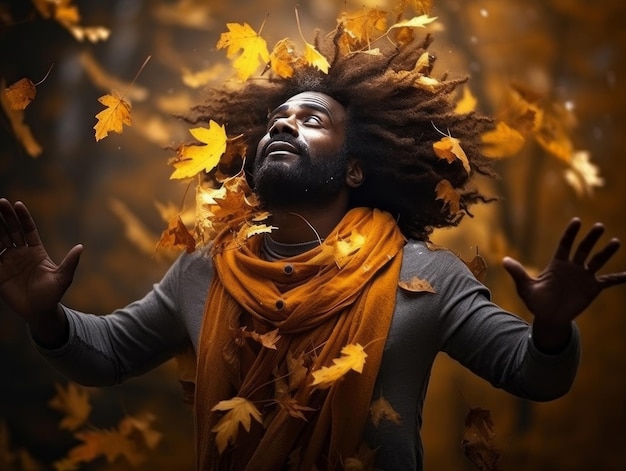 Afrikaanse man in emotionele dynamische pose op herfstachtergrond