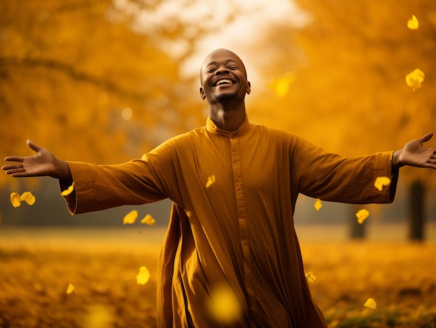 Afrikaanse man in emotionele dynamische pose op herfstachtergrond